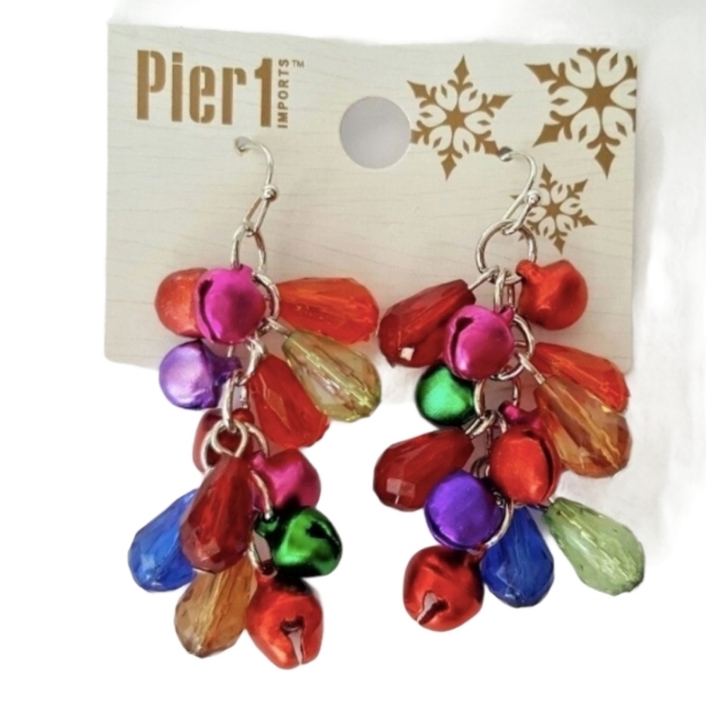 Christmas Holiday Dangle Earrings Jingle bells Pier 1 red green blue *